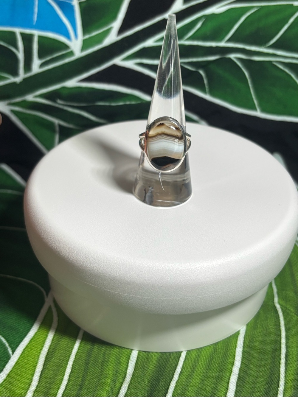 Banded Agate Dome Ring in Black and Cream 925 SS